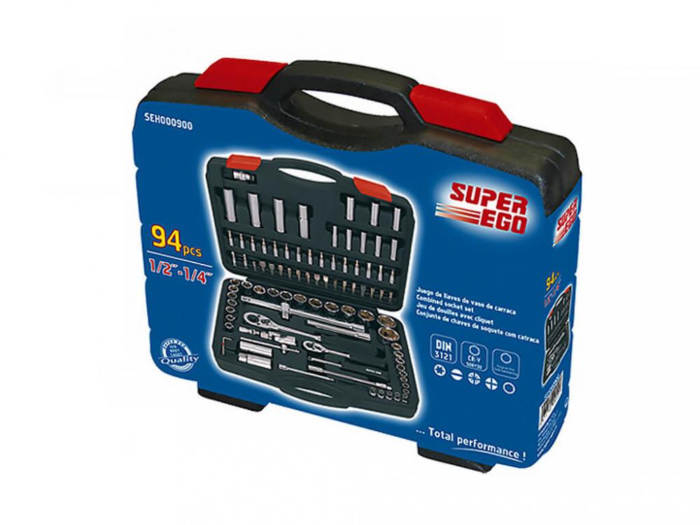 Профи набор SUPER-EGO 1/4"/1/2" CR-V 50BV30 накидных головок, шестигранников и бит, с трещоткой, 94 предмета, в кейсе.