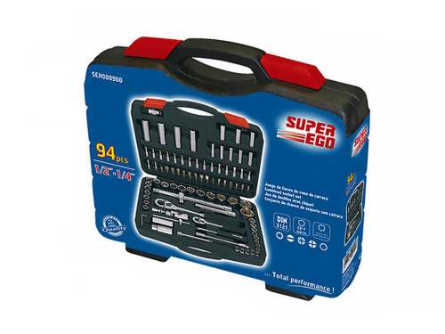 Профи набор SUPER-EGO 1/4"/1/2" CR-V 50BV30 накидных головок, шестигранников и бит, с трещоткой, 94 предмета, в кейсе.