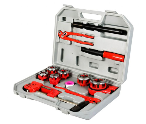 Набор сантехника Р004. Состоит: Труборез для стальных труб Ø до 1.1/4", Клещи, Газовый ключ 45° 1", Трещетка для резьбонарезных голов, резьбонарезные головы 1/2", 3/4", 1", 1.1/4''