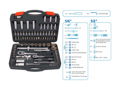 Профи набор SUPER-EGO 1/4"/1/2" CR-V 50BV30 накидных головок, шестигранников и бит, с трещоткой, 94 предмета, в кейсе.