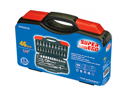 Профи набор SUPER-EGO 1/4" CR-V 50BV30 накидных головок, шестигранников и бит, с трещоткой, 46 предмета, в кейсе.